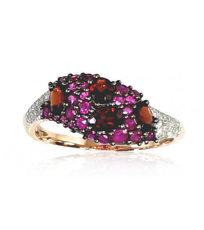 Gold ring 1100196(Au-R+PRh-W+PRh-Bk)_DI+RB+GR, Red Gold 585°, Rhodium (Plating) , Diamonds , Ruby , Garnet