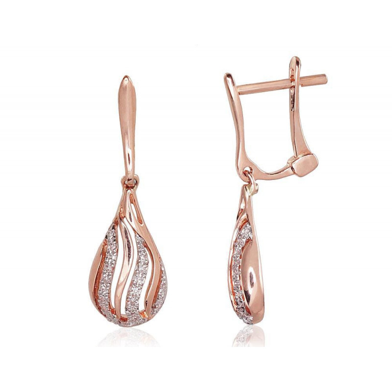 Gold earrings with 'english' lock 1200332(Au-R+PRh-W)_DI, Red Gold 585°, Rhodium (Plating) , Diamonds