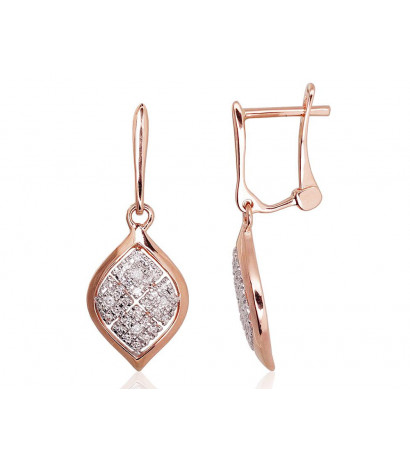 Gold earrings with 'english' lock 1200389(Au-R+PRh-W)_DI, Red Gold 585°, Rhodium (Plating) , Diamonds