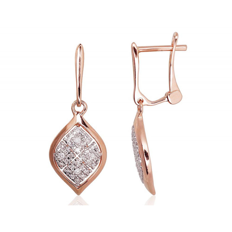 Gold earrings with 'english' lock 1200389(Au-R+PRh-W)_DI, Red Gold 585°, Rhodium (Plating) , Diamonds