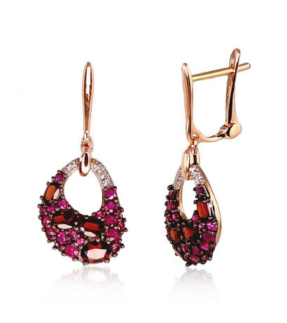 Gold earrings with 'english' lock 1200391(Au-R+PRh-W+PRh-Bk)_DI+RB+GR, Red Gold 585°, Rhodium (Plating) , Diamonds , Ruby