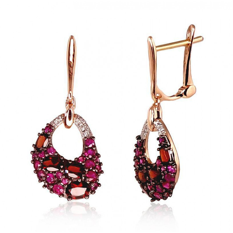 Gold earrings with 'english' lock 1200391(Au-R+PRh-W+PRh-Bk)_DI+RB+GR, Red Gold 585°, Rhodium (Plating) , Diamonds , Ruby