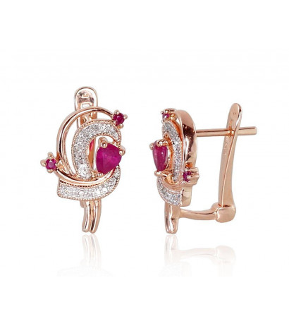 Gold earrings with 'english' lock 1200503(Au-R+PRh-W)_DI+RB, Red Gold 585°, Rhodium (Plating) , Diamonds , Ruby