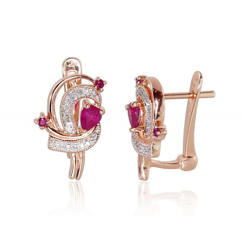 Gold earrings with 'english' lock 1200503(Au-R+PRh-W)_DI+RB, Red Gold 585°, Rhodium (Plating) , Diamonds , Ruby