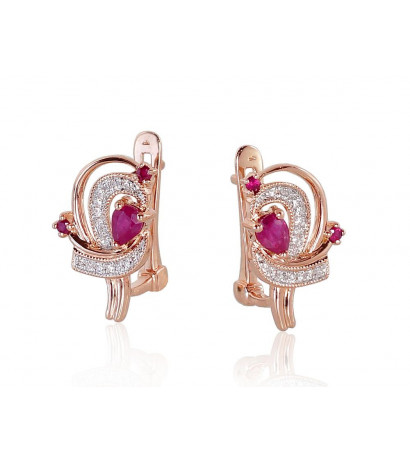 Gold earrings with 'english' lock 1200503(Au-R+PRh-W)_DI+RB, Red Gold 585°, Rhodium (Plating) , Diamonds , Ruby