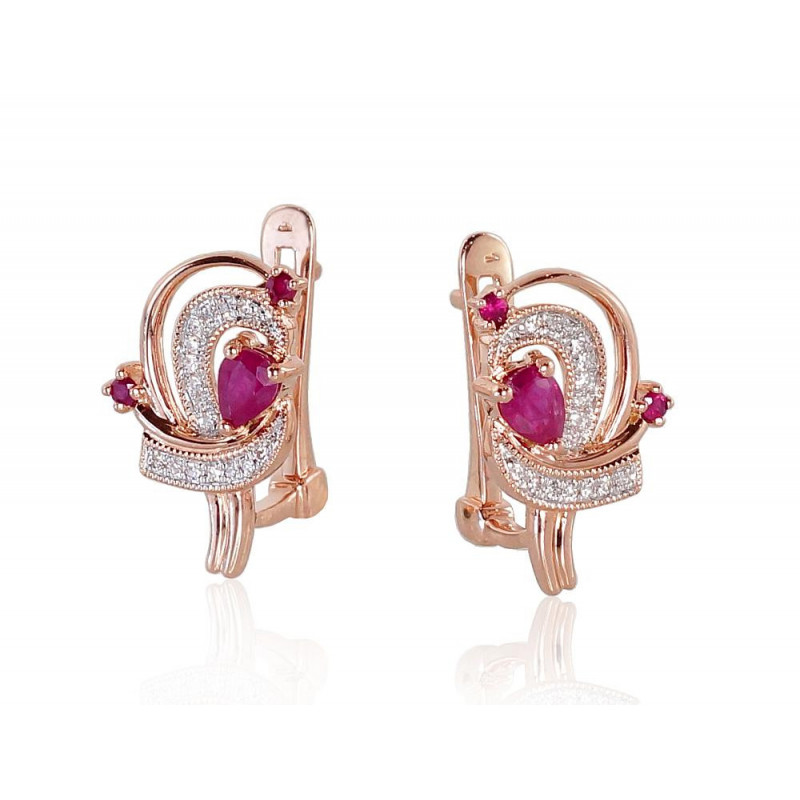 Gold earrings with 'english' lock 1200503(Au-R+PRh-W)_DI+RB, Red Gold 585°, Rhodium (Plating) , Diamonds , Ruby