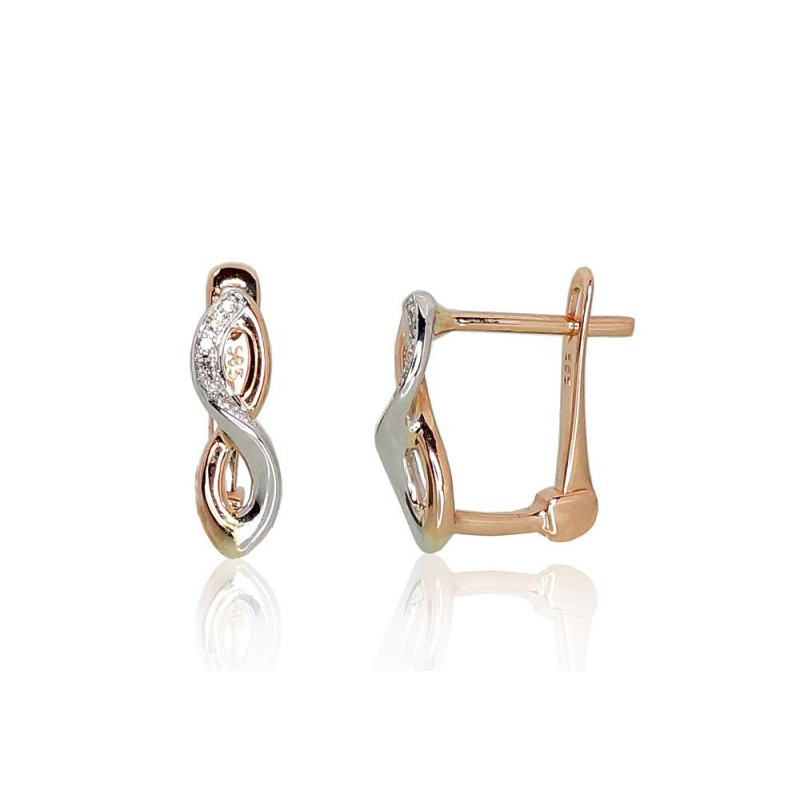 Gold earrings with 'english' lock 1200967(Au-R+Au-W)_DI, White/Red Gold 585°, Diamonds