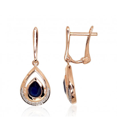 Gold earrings with 'english' lock 1200977(Au-R+PRh-W)_DI+SA, Red Gold 585°, Rhodium (Plating) , Diamonds , Sapphire