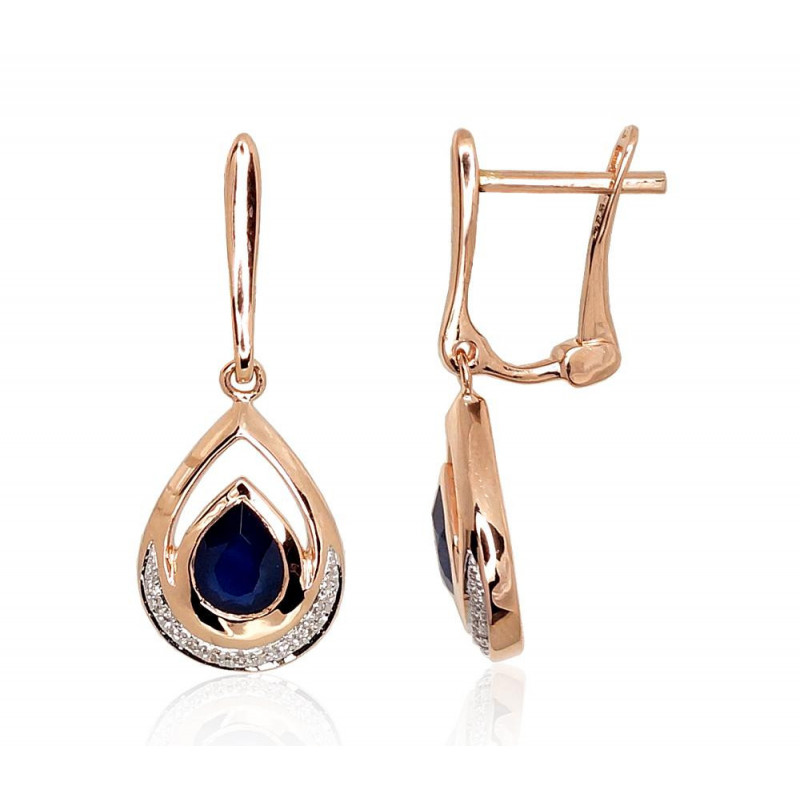 Gold earrings with 'english' lock 1200977(Au-R+PRh-W)_DI+SA, Red Gold 585°, Rhodium (Plating) , Diamonds , Sapphire