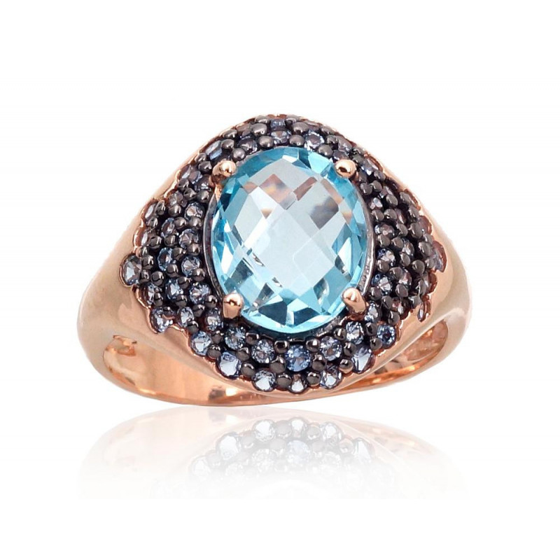 Gold ring 1100961(Au-R+PRh-Bk)_CZ-LB+TZLB, Red Gold 585°, Rhodium (Plating) , Zirkons , Sky Blue Topaz