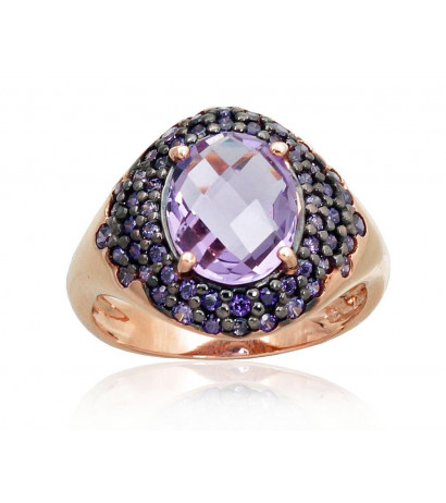 Gold ring 1100961(Au-R+PRh-Bk)_CZ-V+AM, Red Gold 585°, Rhodium (Plating) , Zirkons , Amethyst