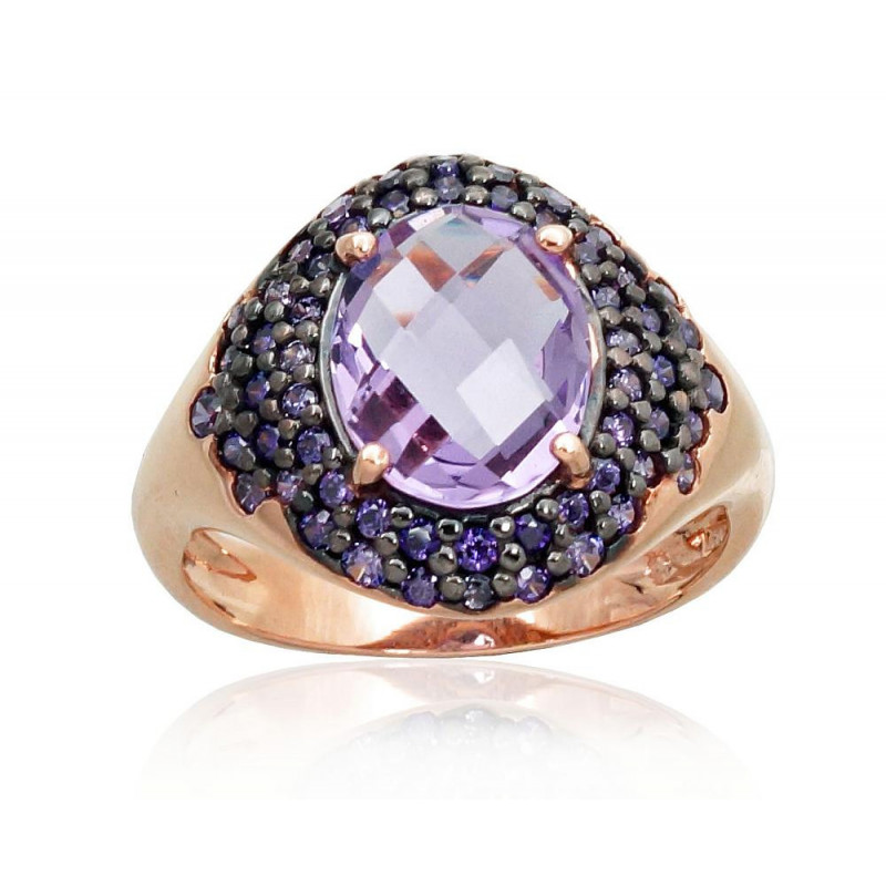 Gold ring 1100961(Au-R+PRh-Bk)_CZ-V+AM, Red Gold 585°, Rhodium (Plating) , Zirkons , Amethyst