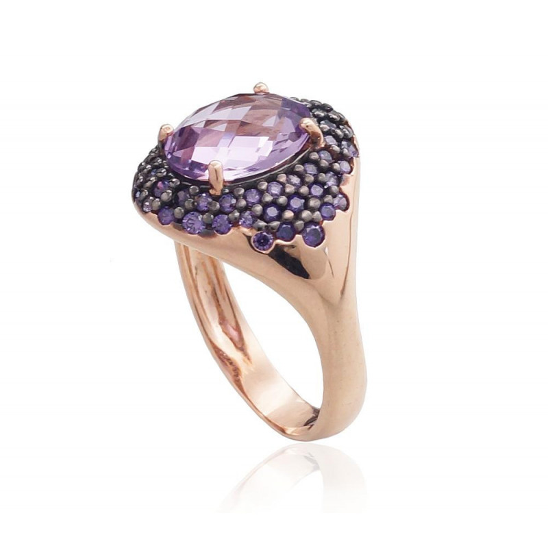 Gold ring 1100961(Au-R+PRh-Bk)_CZ-V+AM, Red Gold 585°, Rhodium (Plating) , Zirkons , Amethyst