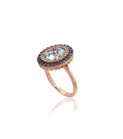 Gold ring 1100964(Au-R+PRh-Bk)_CZ+CZ-LB+TZLB, Red Gold 585°, Rhodium (Plating) , Zirkons , Sky Blue Topaz