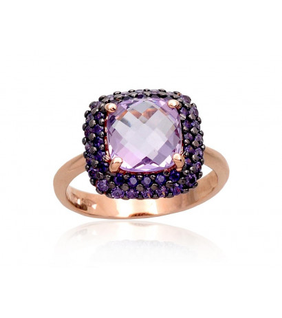 Gold ring 1100962(Au-R+PRh-Bk)_CZ-V+AM, Red Gold 585°, Rhodium (Plating) , Zirkons , Amethyst