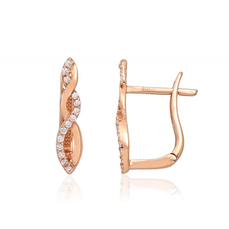 Gold earrings with 'english' lock 1201355(Au-R)_CZ, Red Gold 585°, Zirkons