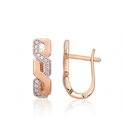 Gold earrings with 'english' lock 1201440(Au-R+PRh-W)_CZ, Red Gold 585°, Rhodium (Plating) , Zirkons