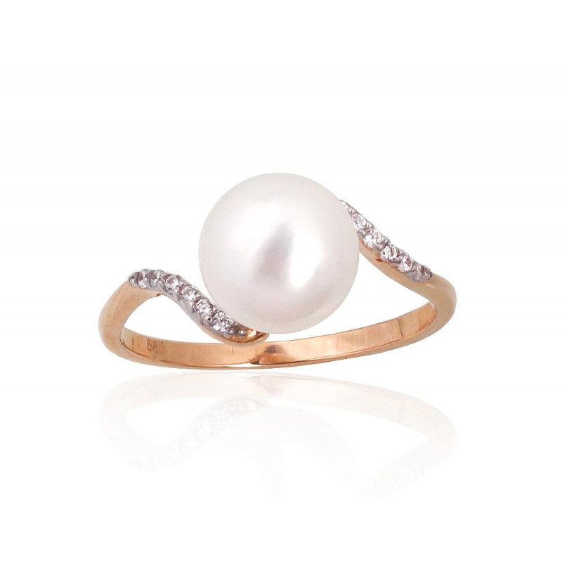 Gold ring 1101133(Au-R+PRh-W)_CZ+PE, Red Gold 585°, Rhodium (Plating) , Zirkons , Fresh-water Pearl