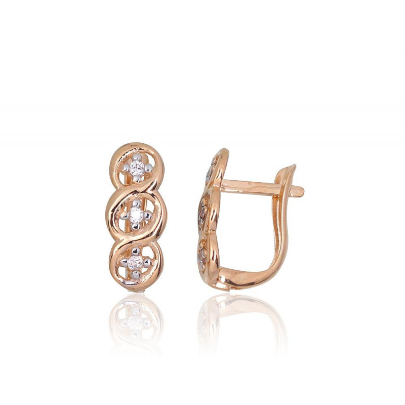 Gold earrings with 'english' lock 1201544(Au-R+PRh-W)_CZ, Red Gold 585°, Rhodium (Plating) , Zirkons