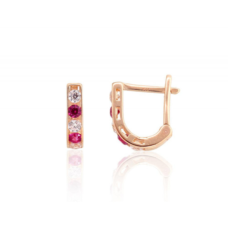 Gold earrings with 'english' lock 1201494(Au-R)_CZ+CZ-RO, Red Gold 585°, Zirkons