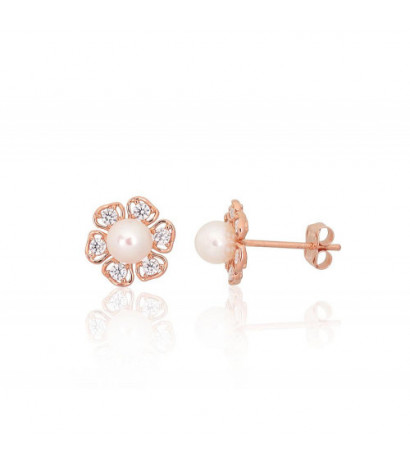 Gold classic studs earrings 1201571(Au-R)_CZ+PE, Red Gold 585°, Zirkons , Fresh-water Pearl