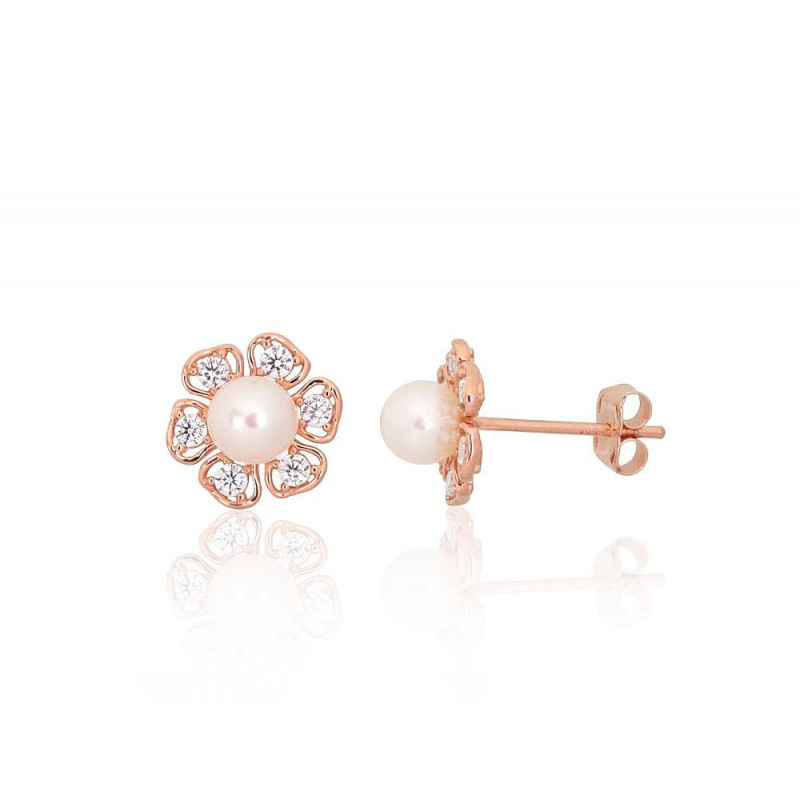 Gold classic studs earrings 1201571(Au-R)_CZ+PE, Red Gold 585°, Zirkons , Fresh-water Pearl