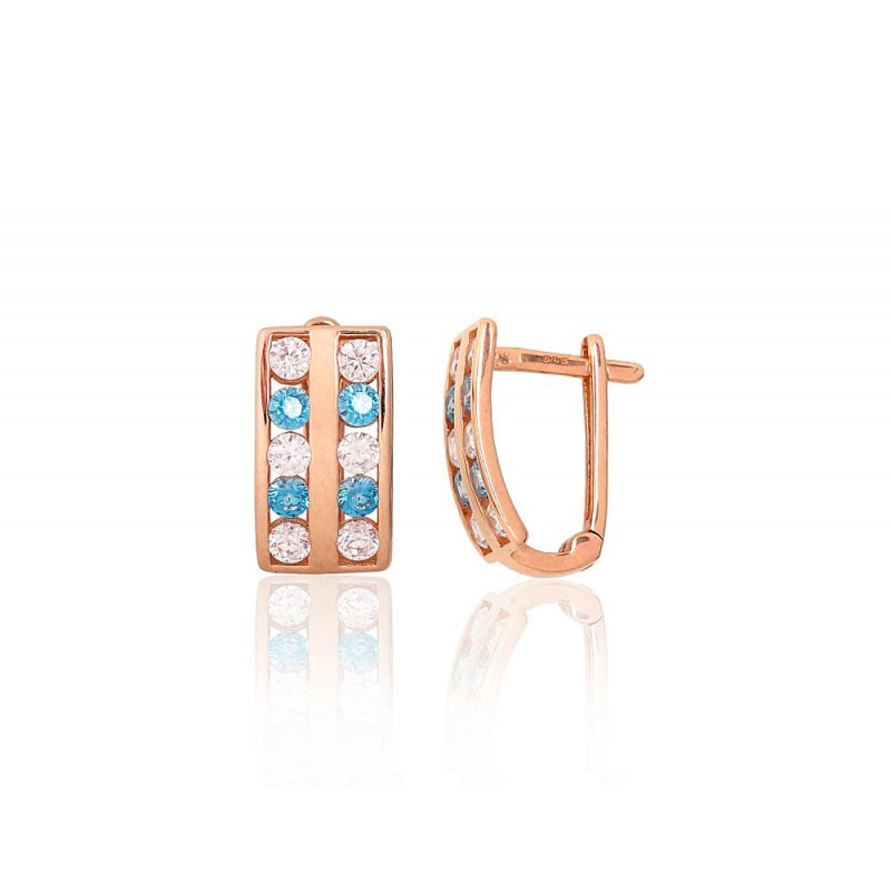 Gold earrings with 'english' lock 1201581(Au-R)_CZ+CZ-AQ, Red Gold 585°, Zirkons