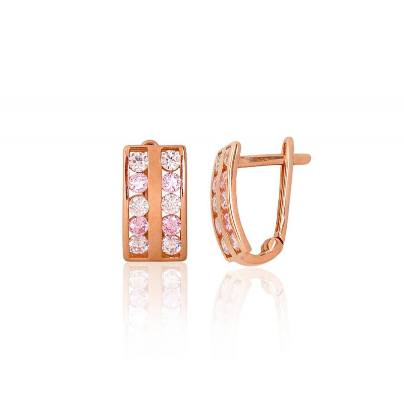 Gold earrings with 'english' lock 1201581(Au-R)_CZ+CZ-PI, Red Gold 585°, Zirkons