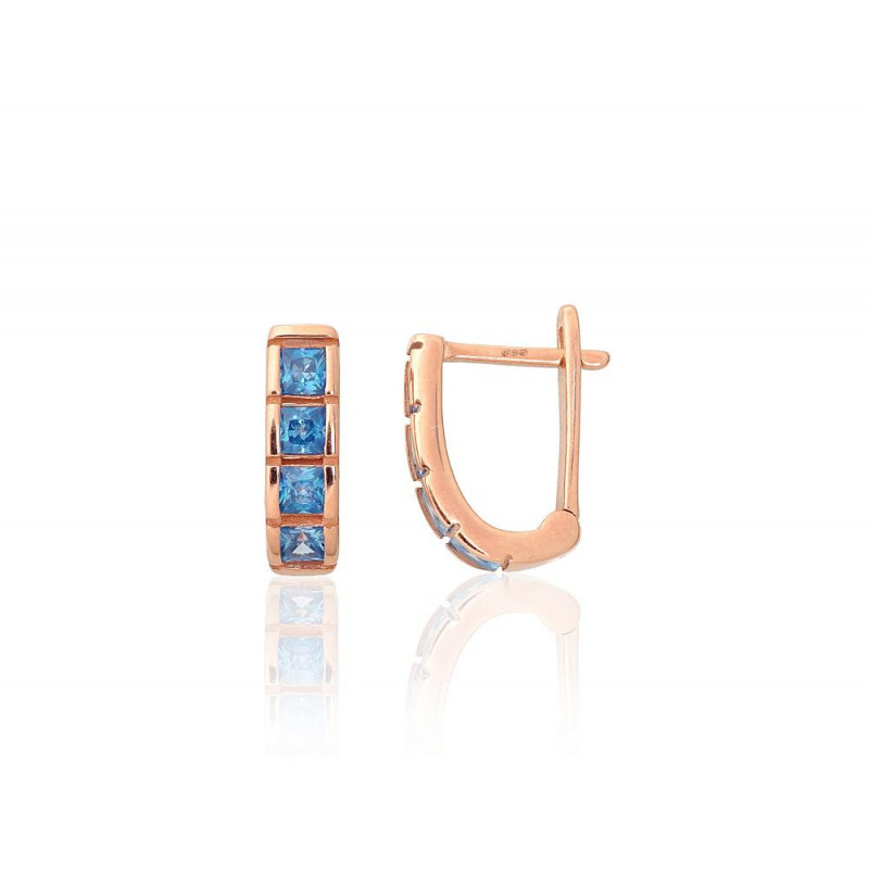 Gold earrings with 'english' lock 1201583(Au-R)_CZ-AQ, Red Gold 585°, Zirkons