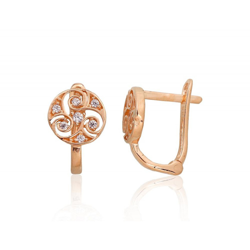 Gold earrings with 'english' lock 1201478(Au-R)_CZ, Red Gold 585°, Zirkons