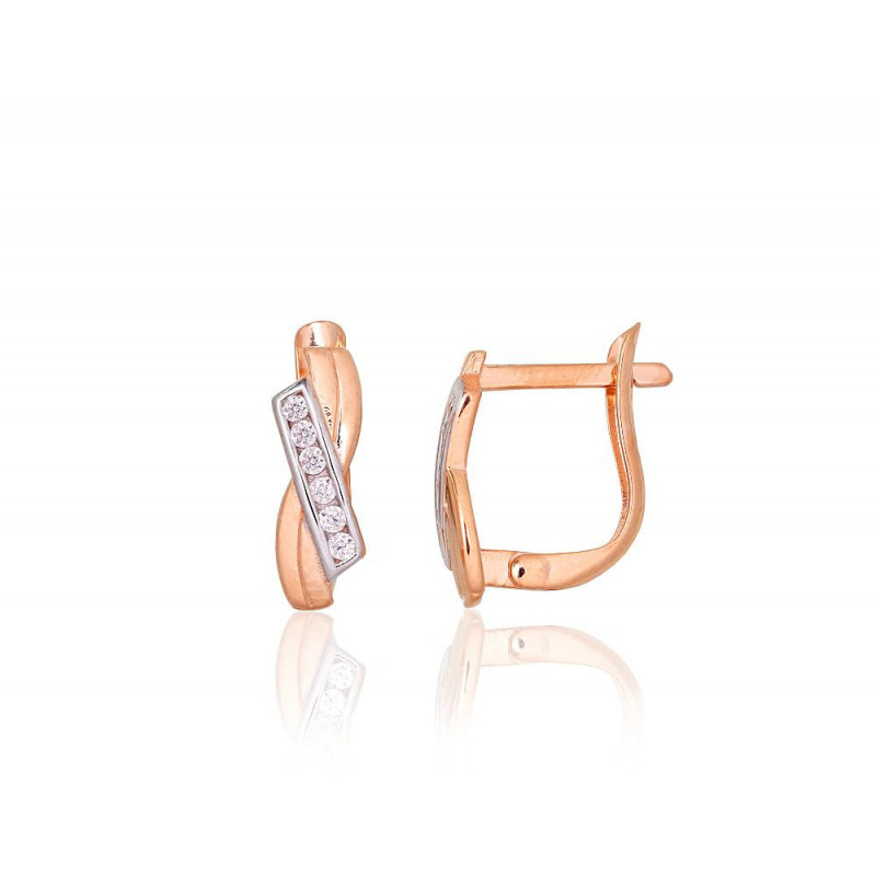 Gold earrings with 'english' lock 1201645(Au-R+PRh-W)_CZ, Red Gold 585°, Rhodium (Plating) , Zirkons