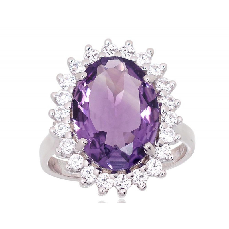 Silver ring 2101914(PRh-Gr)_CZ+AM, Silver 925°, Rhodium (Plating), Zirkons , Amethyst