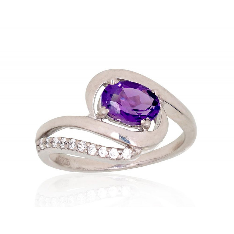 Silver ring 2101920(PRh-Gr)_CZ+AM, Silver 925°, Rhodium (Plating), Zirkons , Amethyst