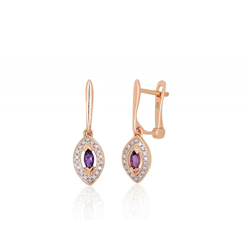 Gold earrings with 'english' lock 1201671(Au-R+PRh-W)_DI+AM, Red Gold 585°, Rhodium (Plating) , Diamonds , Amethyst