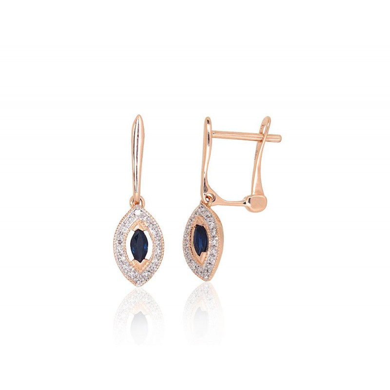 Gold earrings with 'english' lock 1201671(Au-R+PRh-W)_DI+SA, Red Gold 585°, Rhodium (Plating) , Diamonds , Sapphire