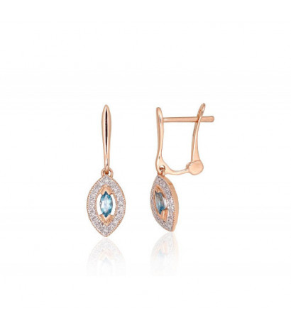 Gold earrings with 'english' lock 1201671(Au-R+PRh-W)_DI+TZLB, Red Gold 585°, Rhodium (Plating) , Diamonds , Sky Blue