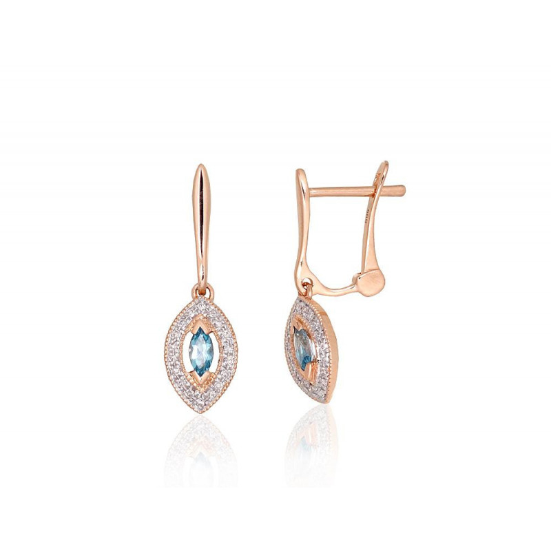 Gold earrings with 'english' lock 1201671(Au-R+PRh-W)_DI+TZLB, Red Gold 585°, Rhodium (Plating) , Diamonds , Sky Blue