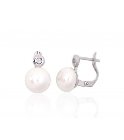 Silver earrings with 'english' lock 2204149(PRh-Gr)_CZ+PE, Silver 925°, Rhodium (Plating), Zirkons , Fresh-water Pearl