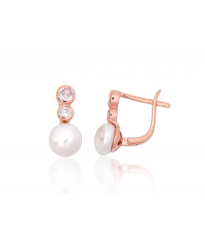 Silver earrings with 'english' lock 2204151(PAu-R)_CZ+PE, Silver 925°, red gold (Plating), Zirkons , Fresh-water Pearl