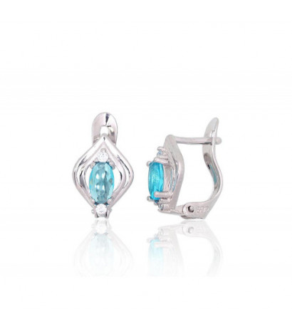 Silver earrings with 'english' lock 2200763(PRh-Gr)_CZ+CZ-AQ, Silver 925°, Rhodium (Plating), Zirkons