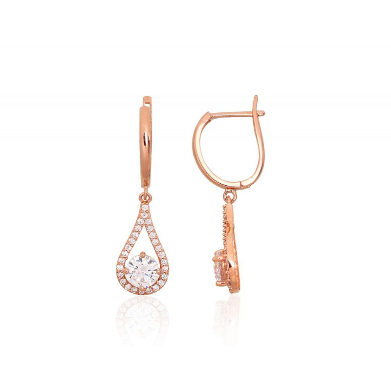 Gold earrings with 'english' lock 1201715(Au-R)_CZ, Red Gold 585°, Zirkons