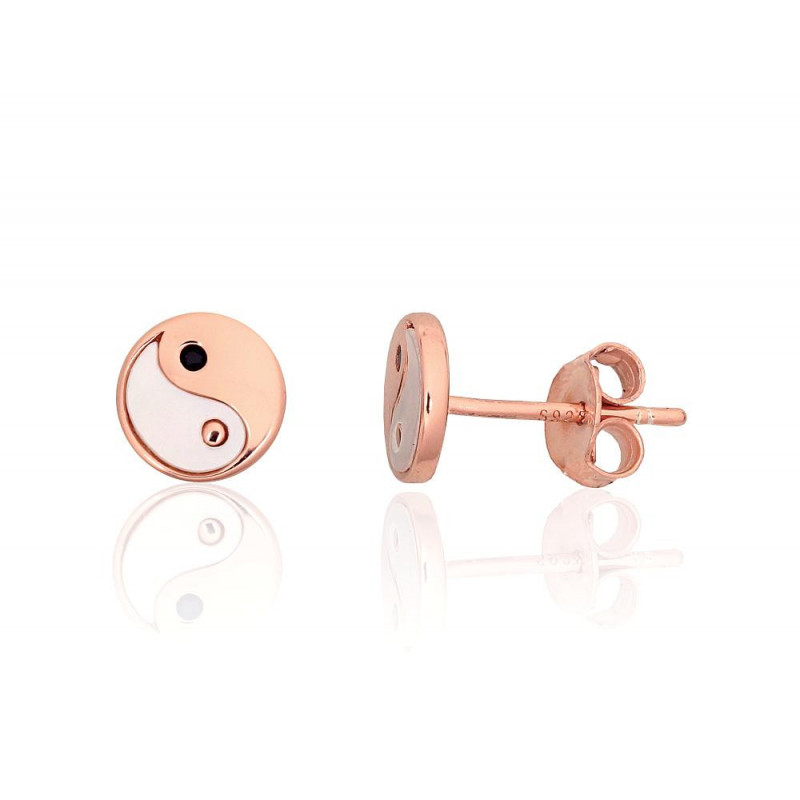 Silver stud earrings 2204159(PAu-R)_CZ-BK+PL, Silver 925°, red gold (Plating), Zirkons , Mother-of-pearl