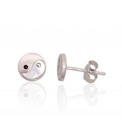 Silver stud earrings 2204159(PRh-Gr)_CZ-BK+PL, Silver 925°, Rhodium (Plating), Zirkons , Mother-of-pearl