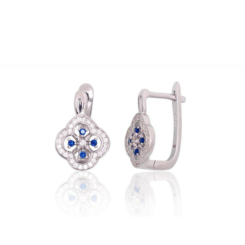 Silver earrings with 'english' lock 2204260(PRh-Gr)_CZ+CZ-B, Silver 925°, Rhodium (Plating), Zirkons