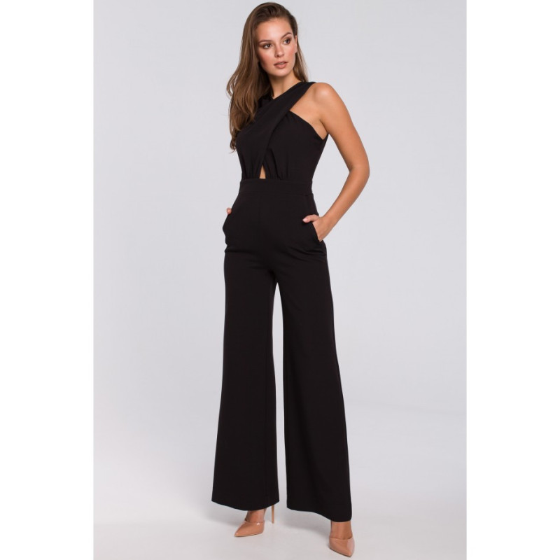 K029 Jumpsuit with crossed top - black