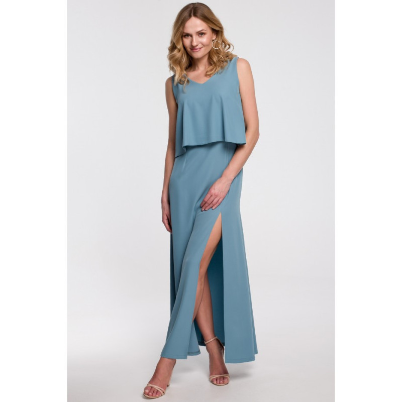 K048 Maxi dress with ruffle top - cold blue