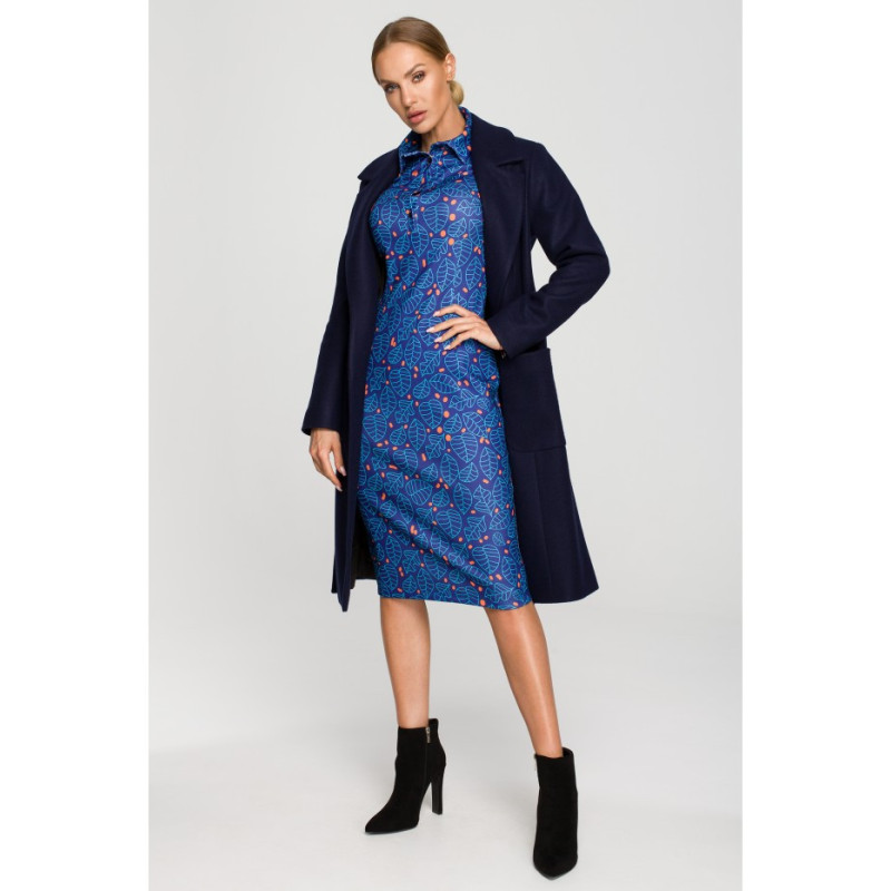 M708 Classic cut coat with belt - navy blue