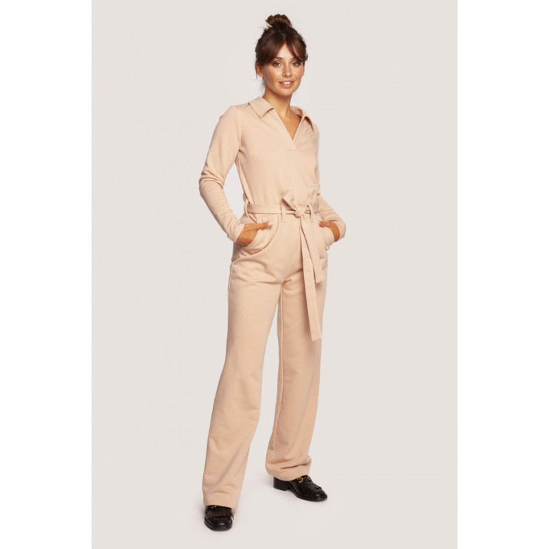 B248 Jumpsuit with collar and belt - beige