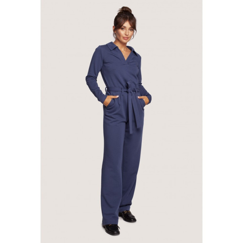 B248 Jumpsuit ar apkakli un jostu - zils