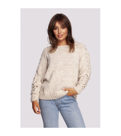 BK090 Sweater with wide neckline and braided sleeves - beige